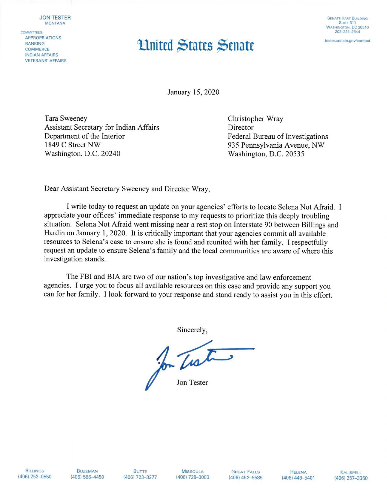 Tester letter to FBI, BIA re: Selena Not Afraid